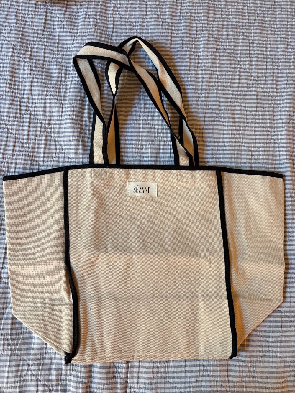 Sezane Ecru Canvas Tote with Black Trim